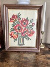 Vintage Retro Crewel Embroidery Picture Art Floral Flowers 11 X 14 Cottage Core picture