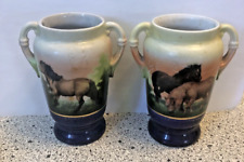 Pair early Royal Bayreuth Cobalt Small Bud Vases with Horses 4 1/2