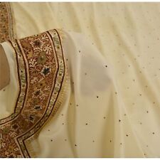 Sanskriti Vintage Indian Ivory Sarees Pure Crepe Silk Hand Beaded Sari Fabric picture