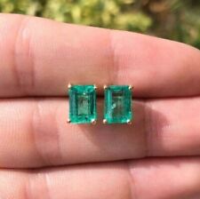 3.20Ct Emerald Cut Natural Emerald Solitaire Stud Earrings 14K Yellow Gold picture
