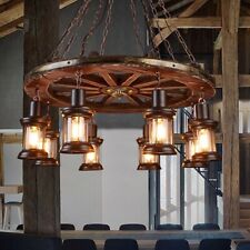 Rustic Wood Chandelier 8-Light Wheel Shape Pendant Lamp Hanging Ceiling Fixtures picture
