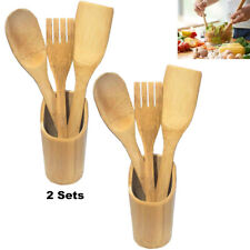 8 Pc Bamboo Cooking Utensils Set Wooden Kitchen Tools Spatula Spoon Fork Holder picture