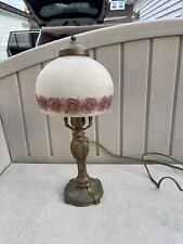 Antique  Boudoir 15” Lamp Design with puffy reverse painted shade w/maroon picture