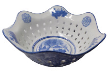 Vintage Asian Japanese Ceramic Fruit Bowl White Blue Floral Scalloped Blue Edge picture