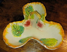Italian Art Pottery 3 Part Handled Dish Applied Flowers Leavers Hand Painted 