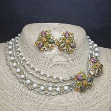 Vintage FLORENZA Necklace & Earrings Set Rhinestone Iridecent Stones. 11/237 picture