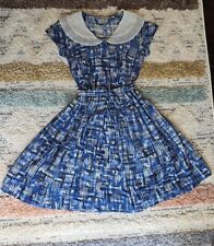 Vintage 1950s Nelly Don Day Dress Sheer Fabric Blue & White Size S picture