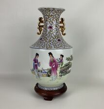 Chinese famille rose vase 3 Footed Stand , Double Handled Vase 13.5” Tall picture