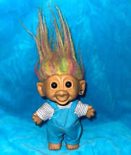 Vintage Bright of America Troll Toy Doll Blue Overalls Rainbow Hair Earring 4
