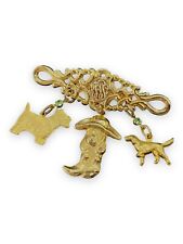 Vintage Gold Tone Western Dog Charm Brooch Dog On Boot, Spaniel, Scottie, Green picture