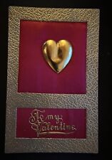 Metal Gold Heart on Puffy Silk~ Antique Novelty Valentine~Postcard~h867 picture