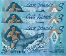 Cook Islands 3 Dollars 2021 P 11 Polymer UNC Lot 3 Pcs picture