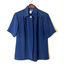Vintage Notations Blouse Navy Blue Short Sleeve Button Collared Silky 90s Womens picture