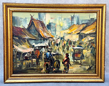 VINTAGE SIGNED ASIAN OIL PAINTING CHINESE CITY STREET MARKET HONG KONG CHINA ART picture