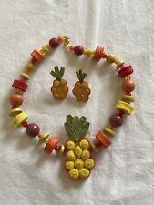 Vtg PINEAPPLE Colorful NECKLACE & EARRINGS Chunky 60's 70's RETRO Bright Woven picture