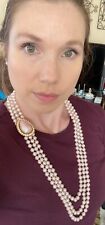 Stunning Pink Hand knotted  5 mil 3 strand Pearls with large Brooch Necklace picture