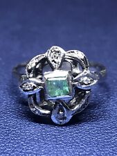 Estate Antique Real Princess Cut Emerald Diamond & Sterling Silver Ring, Size 5 picture