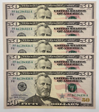 NEW Uncirculated FIFTY Dollar Bills SERIES 2017A $50  Sequential Notes  Lot of 5 picture
