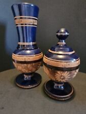 Vintage Turned Wooden Vase & Tabacco Urn Lacquered Indigo, Carved picture