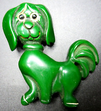 Darling Carved Green BAKELITE Enamel Dog Vintage Pin Brooch RARE picture