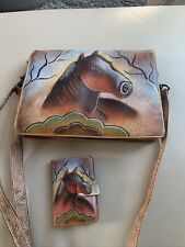 Vintage AGN New Jersey Original Handpainted Leather Aztec Brown Copper Turquoise picture