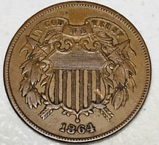 1864 Two Cent Piece 2C FULL MOTTO Ungraded Civil War Date US Copper Coin CC22217 picture