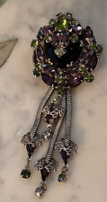 EXQUISITE Vintage Black Glass Purple & Green Rhinestone Floral Design Brooch picture