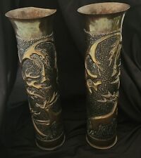 Matching Pair WWI WW1 Trench Art French 75mm Shells With Deer And Antler Pattern picture