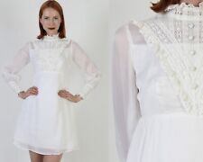 Vtg 60s Monochrome Simple Boho Wedding Micro Mini Dress White Lace Bridal Gown picture