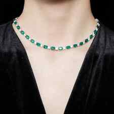 Vintage SS925 Silver 10Ct Emerald Oval Cut Lab Gemstone 16'' Necklace For Her picture
