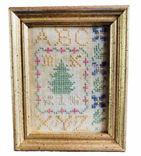 Vintage ABC Sampler Mini Needlework Cross Stitch Embroidery Wood Framed Folk Art picture
