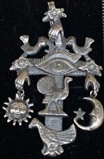 Mexican Oaxacan Sterling Silver bird eye hand sun moon Milagros Cross Pendant picture