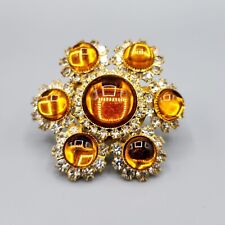Vintage Czech Orange Amber Glass Cab Crystal Halo Gold Tone Brooch picture