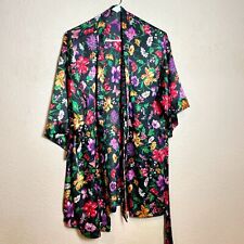 Victoria's Secret Floral Kimono Robe Womens S/M Black Belted 3/4 Sleeve Pockets picture