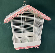 Vintage 15x15x14.5” Metal Pagoda Mid-Century White Bird Cage with Pink Fringe picture