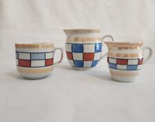 Vintage Set Czech German Blue Red Checkered Luster Creamer Milk Pitcher Cup picture
