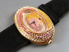 NEW NOS VTG Suzanne Somers PAVE CRYSTAL WRIST WATCH Black Suede PINK ROSE GOLD picture