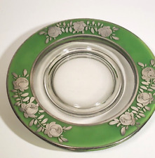 3 Antique Bohemian Glass Plates Green Rim Sterling Silver Roses Overlay 8 inch picture
