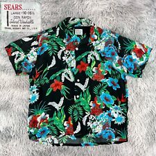 Vintage 1950’s SEARS Made in Japan Black Floral Hibiscus Rayon Hawaiian Shirt L picture