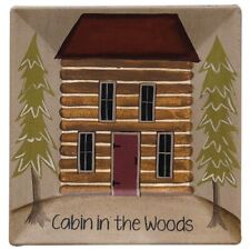 New Primitive Folk Art LOG CABIN IN THE WOODS Hand Painted Wood Picture Plate picture
