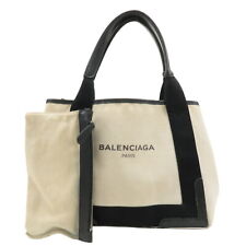 Auth BALENCIAGA Canvas Leather Navy Cabas S Tote Bag Ivory Black 339933 Used F/S picture