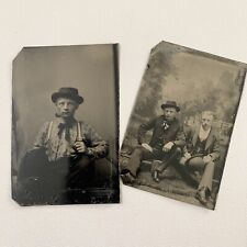 Antique Tintype Photograph Handsome Young Man Men Pipe Suspenders Hat picture