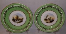 Pair Early 19th C. English Porcelain Plates Apple Green Hand Painted Scenic 9