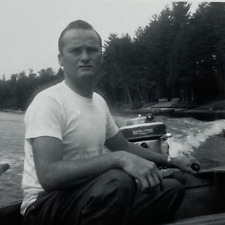 Handsome Man In Boat Hand On Motor Lake Shore B&W Photograph 3.5 x 3.5 picture