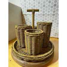 Rare Vintage Woven Bamboo Wicker Rattan 4 Tiered Caddy with Handle picture