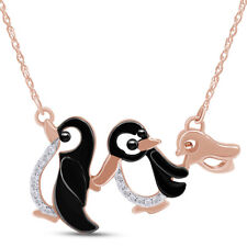 Natural Diamond Penguin Family Pendant Necklace in 14K Rose Gold Plated Silver picture