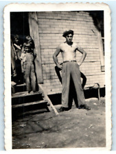 Vintage Photo 1930s, Shirtless Man, Backyard, Wearing Jeans, Smoking, 3.5 x 2.5 picture