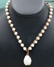 Rare Wendy Mignot Freshwater White Pearl Leather Knots Necklace w Large Pearl picture