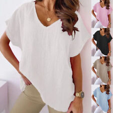 Women T Shirt Blouse Short Sleeve Pullover Tunic Tops V Neck Loose Cotton Summer picture