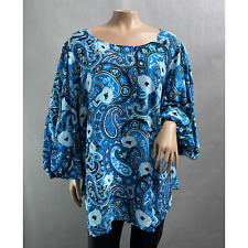 Talbots Plus Top Women 2X Blue Floral Print Popover Blouse Puff Sleeve Viscose picture